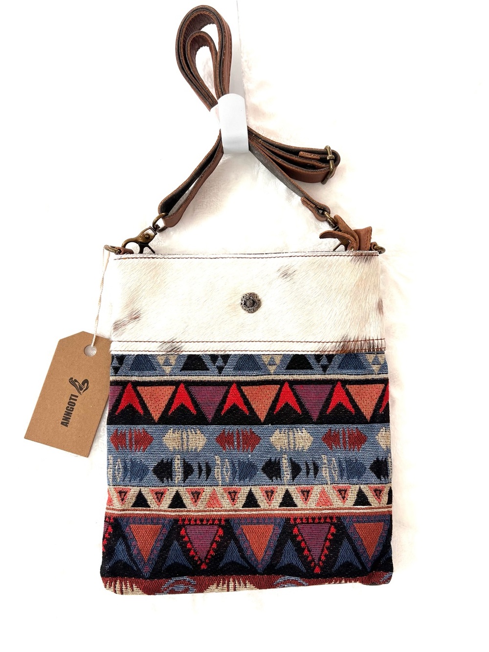 Boho Tribal Crossbody Bag with White Haircalf Top